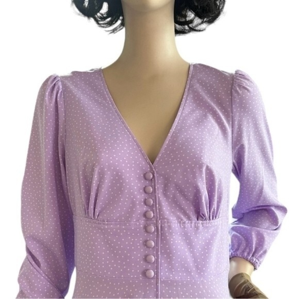 Lilac White Dot Fit Flare Maxi Dress L V-Neck Long Sleeve Prom Cocktail EXC - Picture 8 of 10
